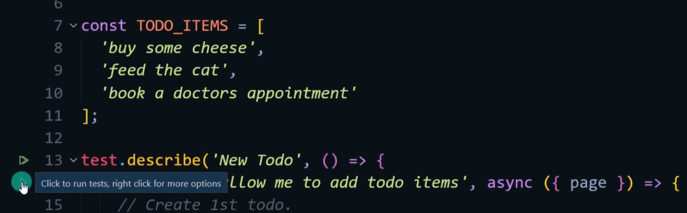 Play icon to run Playwright tests in VS code